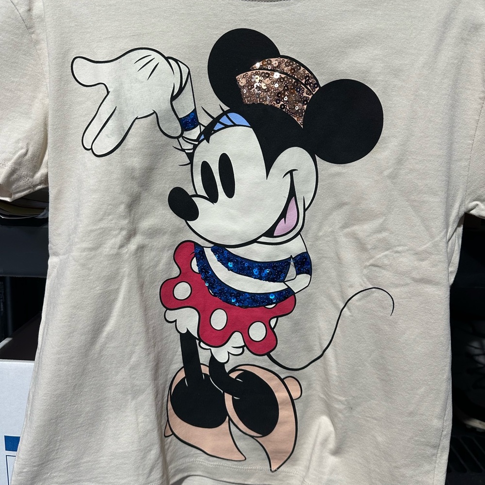 Zara Beige Minnie Mouse Tee with Glitter Accents Disney size S